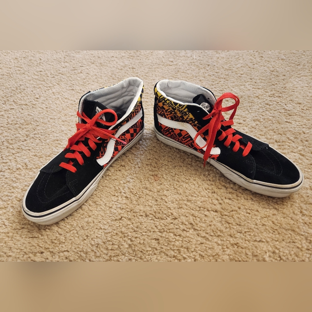 VANS Sk8-HI Logo Flame Suede Canvas Black Sneakers High Top Size 8.5 Women's